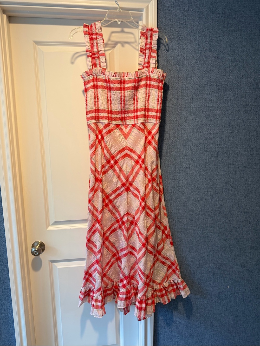 Ganni Red and Pink Plaid Smocked Maxi Dress